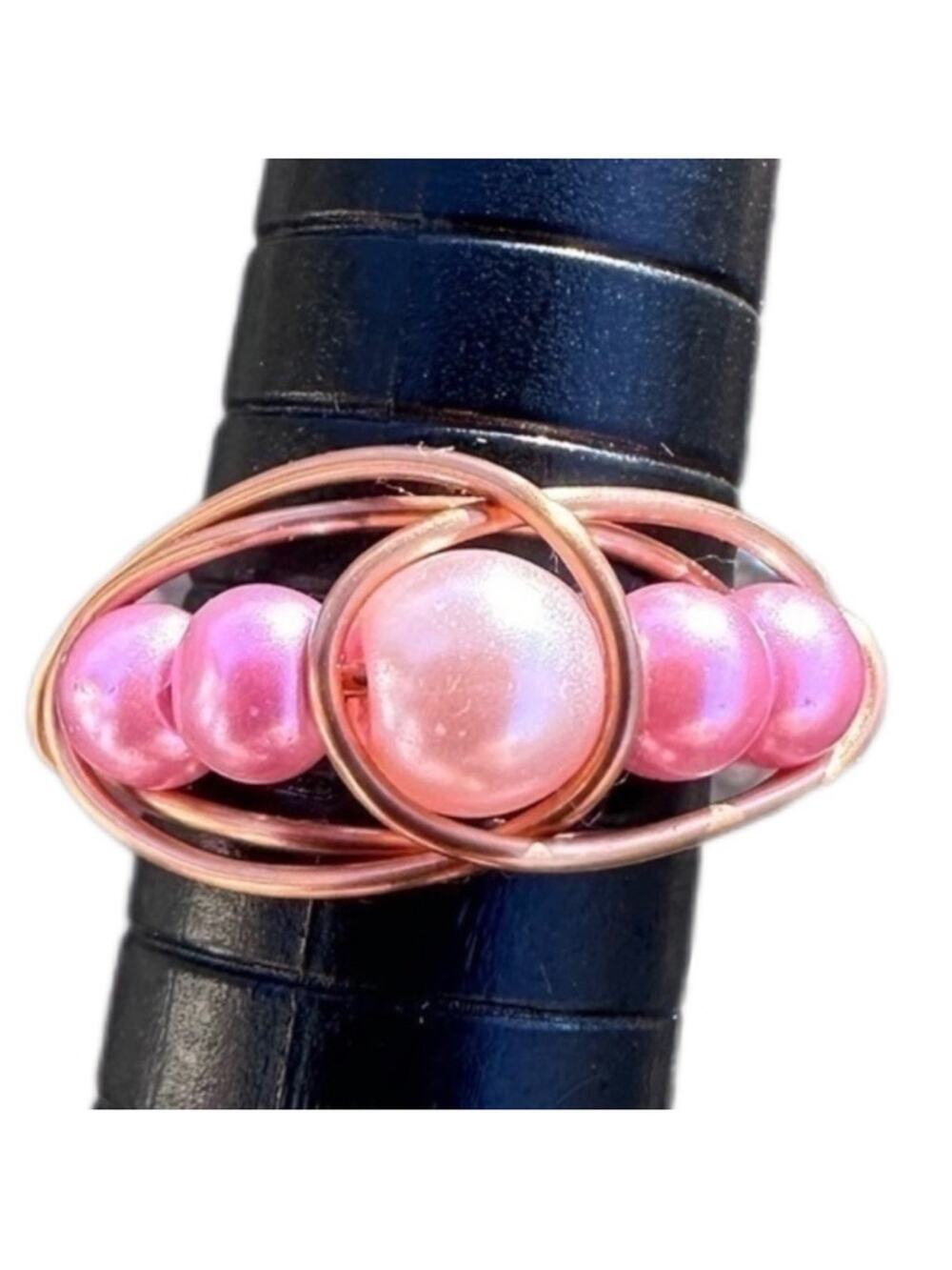 Handmade pink faux pearl copper ring